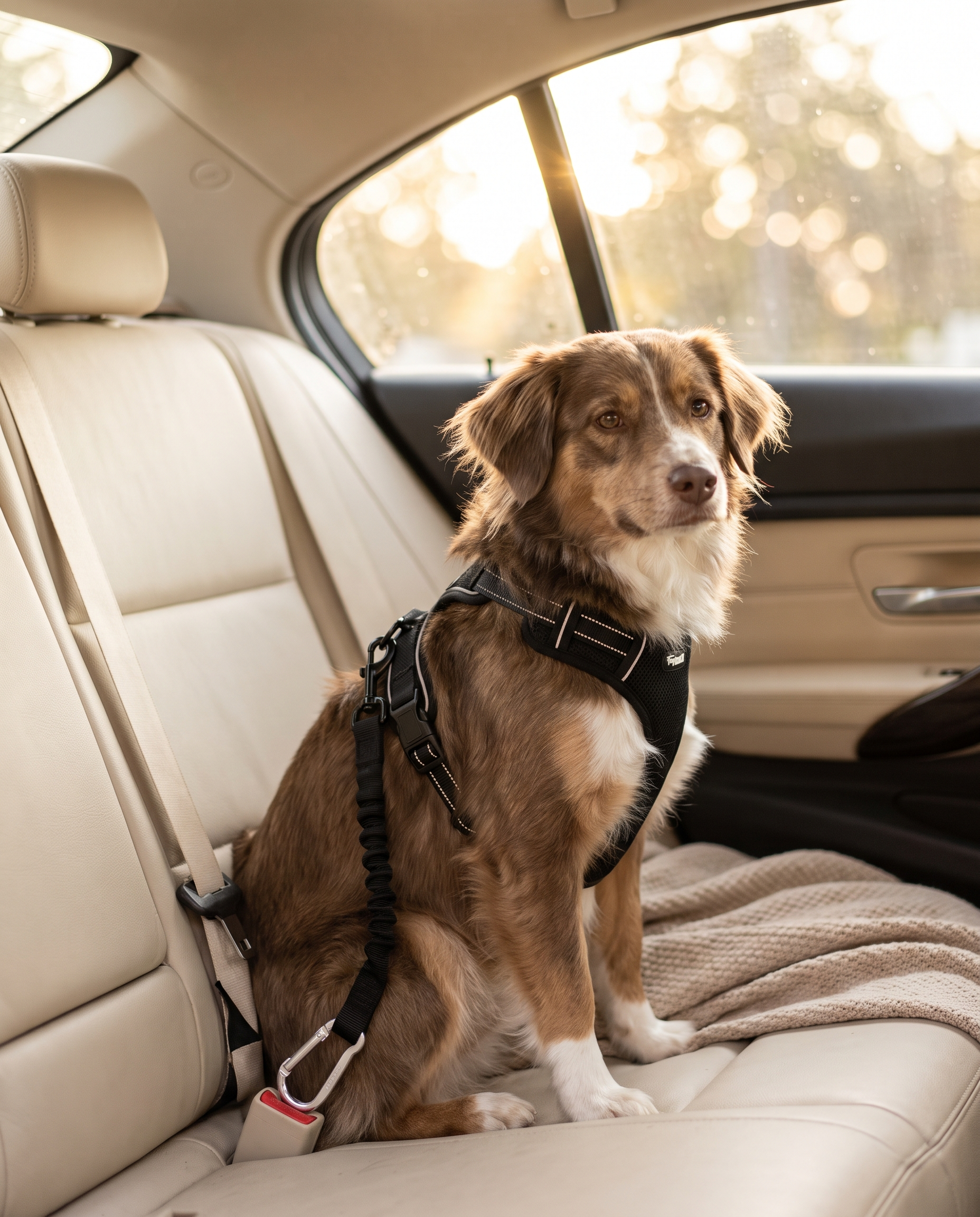 Hund im Auto mit Sicherheitsgeschirr und Anschnallgurt gesichert