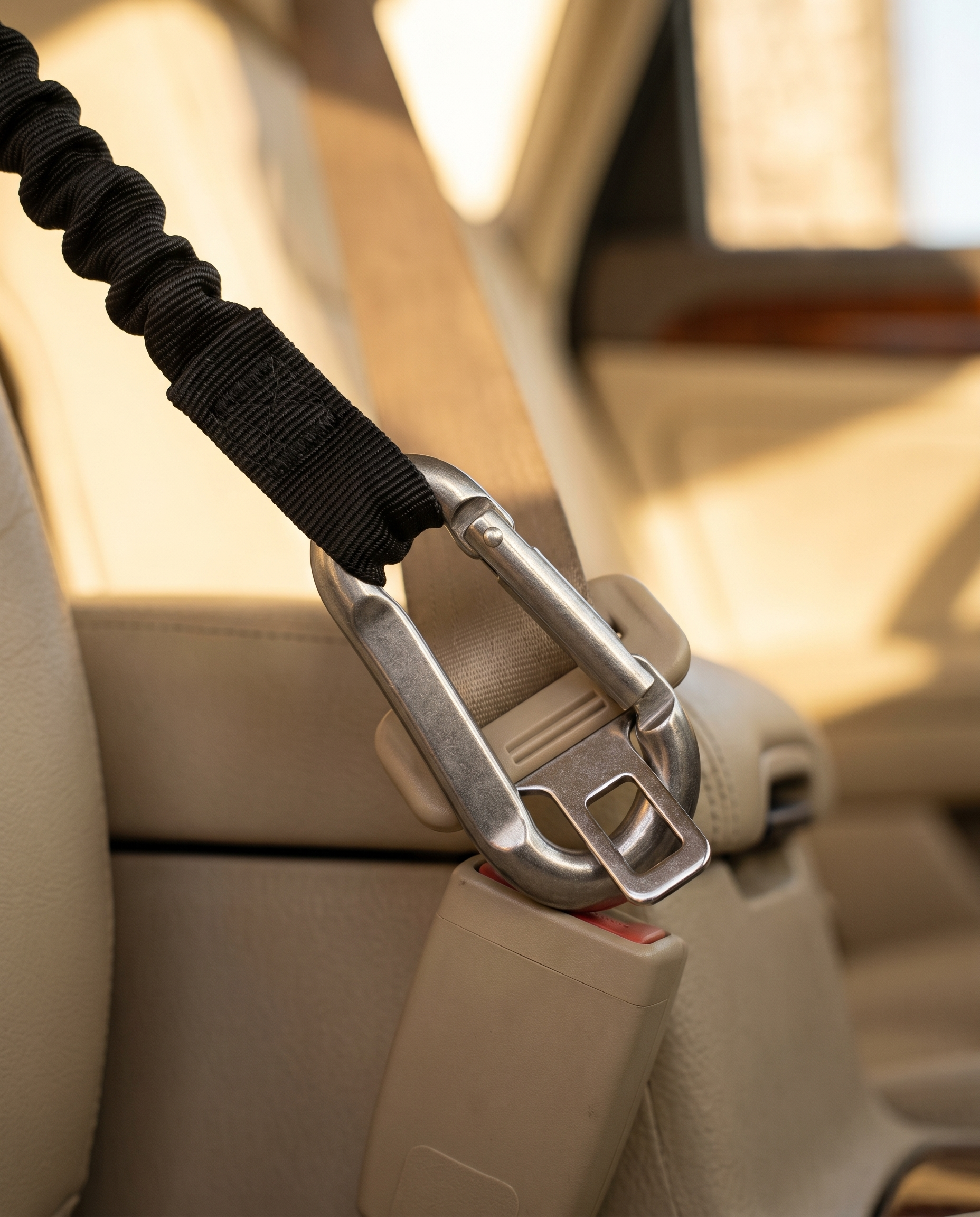 Karabiner des Hunde-Anschnallgurts im Auto-Gurtschloss eingeklinkt