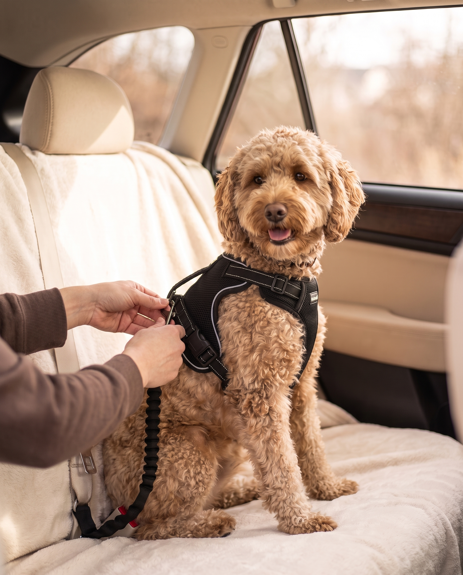 Hund wird mit Fellwerk Geschirr im Auto angeschnallt